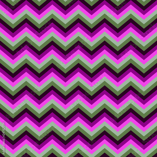 Seamless bright abstract pattern. Geometric zig zag print composed of zigzag lines purple, pink, green, gray colors.
