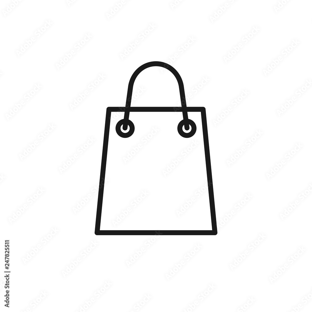 Black isolated outline icon of shopping bag on white background. Line Icon of package. Black isolated outline icon of shopping bag on white background. Line Icon of package.