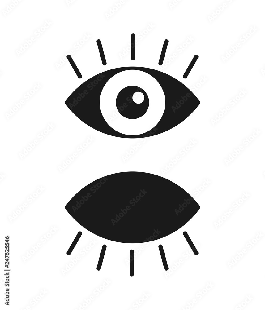 Black isolated icon of eye with eyelash on white background. Set of Icons of open and closed eyes. Vision.