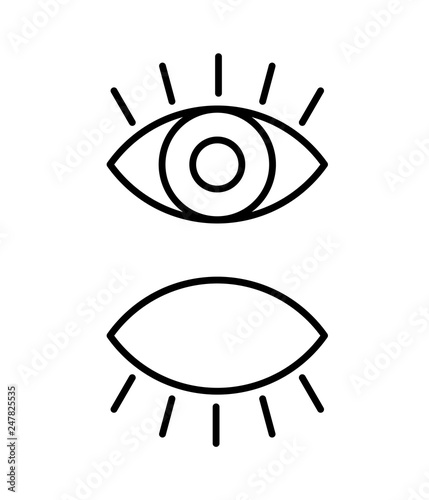 Black isolated outline icon of eye with eyelash on white background. Set of line Icon of open and closed eyes. Vision.