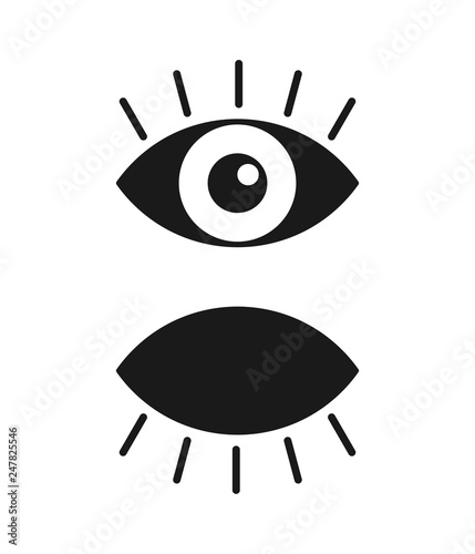 Black isolated icon of eye with eyelash on white background. Set of Icons of open and closed eyes. Vision.