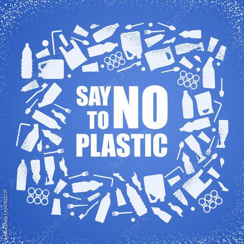 Say no to plastic. Problem plastic pollution. Ecological poster. Banner composed of white plastic waste bag, bottle on blue background.