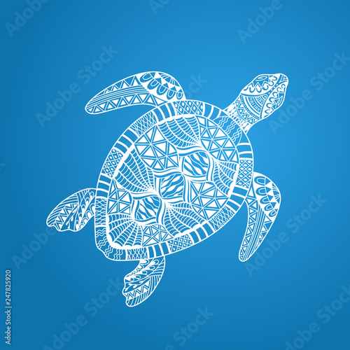 Isolated hand drawn white outline abstract ornate marine turtle on blue background. Ornament of curve lines.
