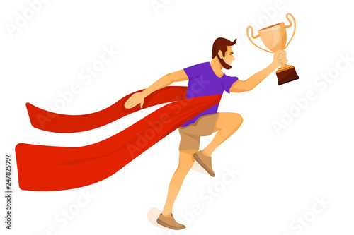 Vector illustration with happy sport athlete holding gold award cup and running. Winning concept with sportsman. Vector flat illustration.