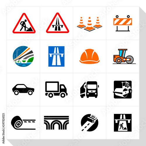 Vector illustration icons set of application symbols. Construction road-building equipment sign.
