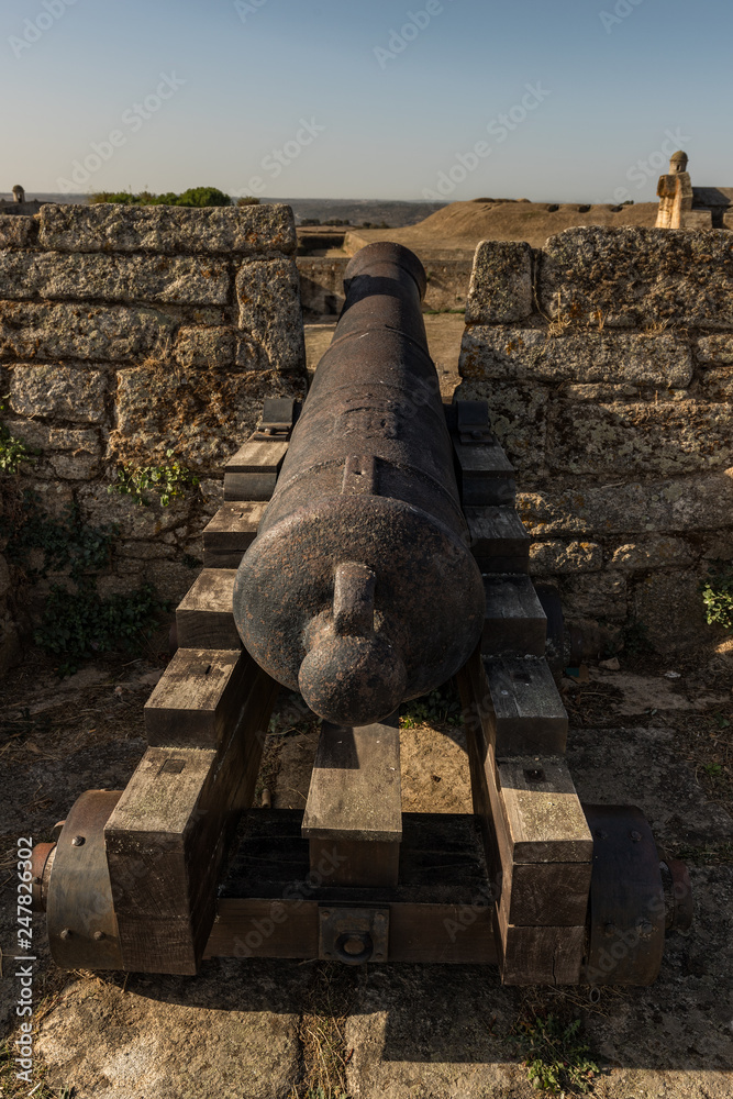 Old cannon in the ancient walls of Almeida. Portugal.