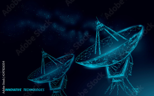 Polygonal radar antenna space defence abstract technology concept. Scanning detect military danger maneuver wireframe mesh 3D warfare. Satellite aiming vector illustration photo