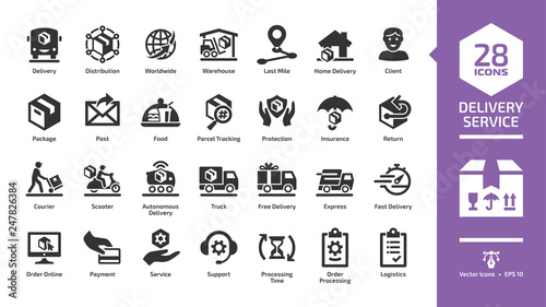 Delivery service glyph icon set with fast express package shipping, quick courier, cargo truck and van speed transport, online order and free box shipment silhouette symbols.