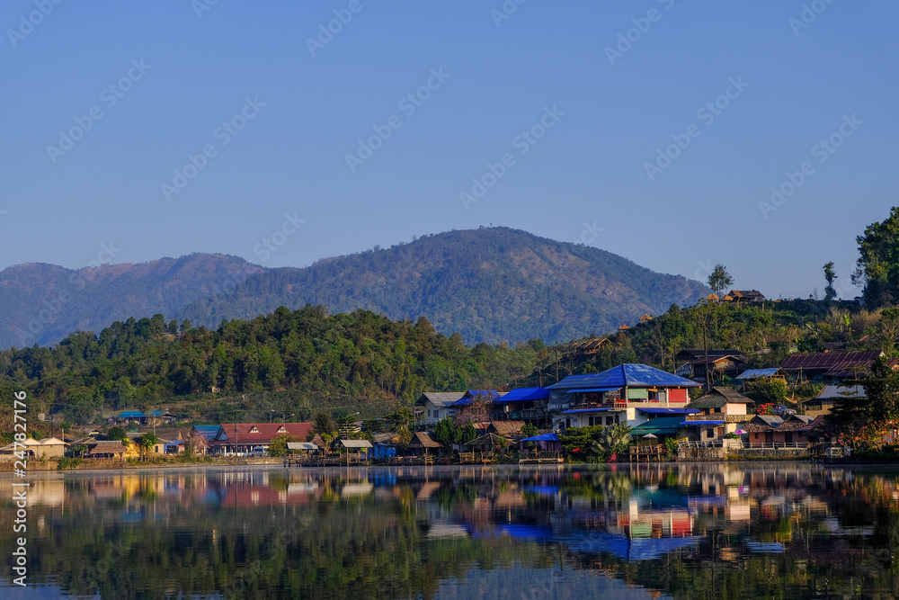 beautiful lake with reflection of water in morning time at ban rak thai chinease refugee village at Mae Hong Son Thailand