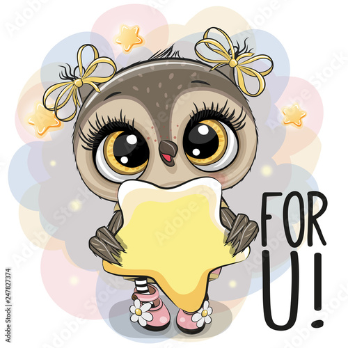 Cartoon Owl girl with star on the stars background