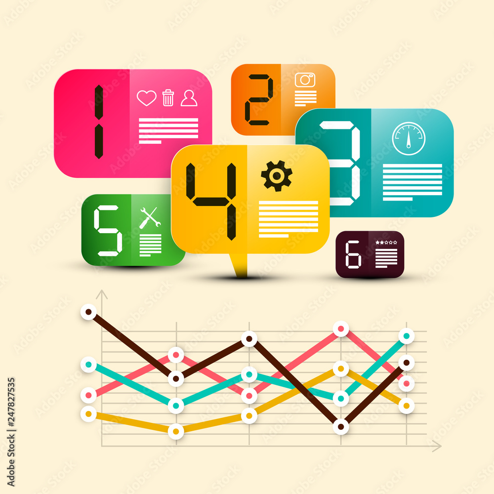 Six Step Infographic Design with Icons on Colorful Paper Labels and Graph - Vector Six Step Infographic Design with Icons on Colorful Paper Labels and Graph - Vector