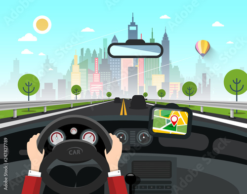 City with Skyscrapers Behind the Car Window on Street