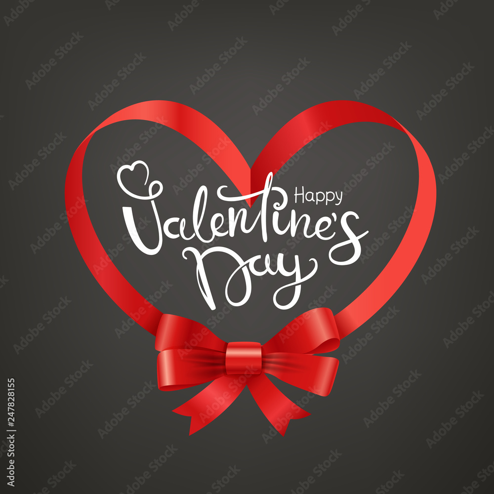 Happy Valentines day holiday card. Frame with red ribbon. Vector illustration