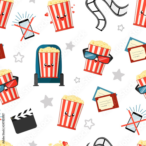 cartoon kawaii buckets of popcorn, clapperboard, smartphone and film roll, cinema seamless background