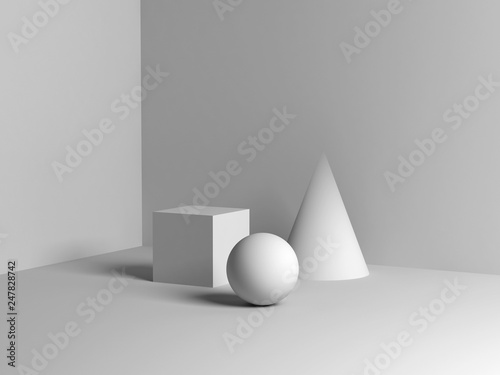 White primitive geometric shapes. 3d illustration