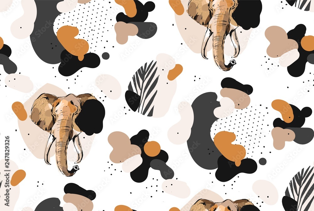 Fototapeta Ręcznie rysowane wektor abstrakcyjne kreatywne grafiki artystyczne ilustracje bezszwowe kolaż wzór z rysunek słonia szkic i tropikalnych liści palmowych w plemiennych motłochu na białym tle