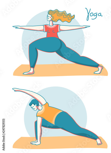Yoga time. Woman and man practicing yoga on sport mats .Vector illustration healthy lifestyle