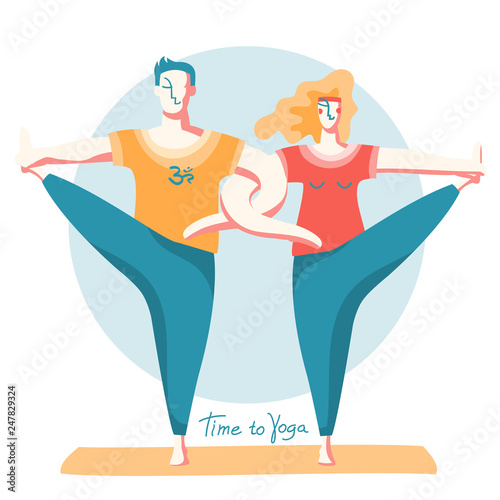 Yoga time. Woman and man doing yoga together.