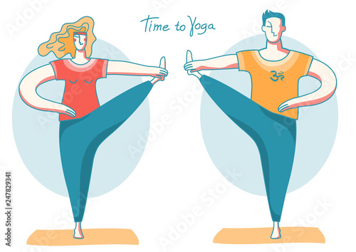 Yoga time. Woman and man doing yoga on sport mats .Vector illustration isolated on white