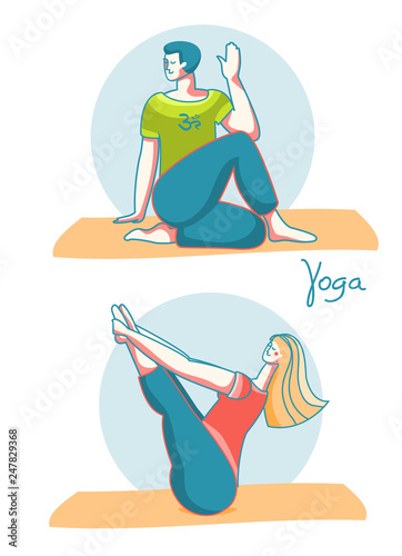 Yoga time. Woman and man practicing yoga in different poses .Vector illustration healthy lifestyle isolated on white