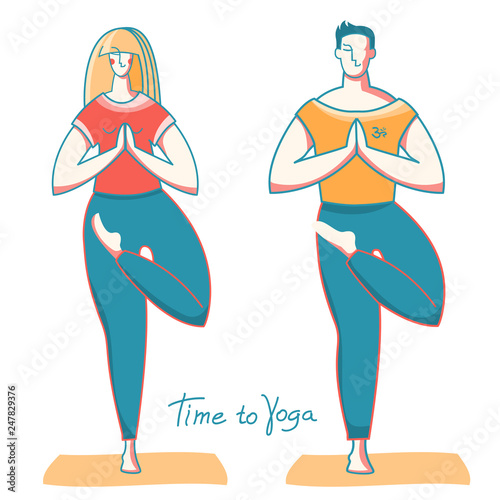 Yoga time. Woman and man doing yoga .Vector illustration healthy lifestyle