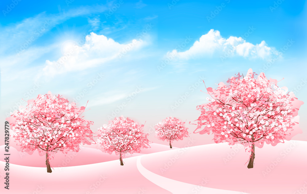 Spring nature background with blossom sakura trees and blue sky with clouds. Vector.