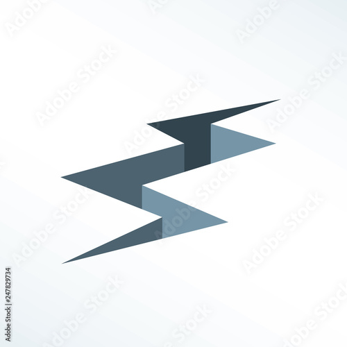 Black lightning shaped long deep crack on the ground clipart logo, relationship broken as sign, symbol, app ui ux, Morden flat design style vector eps 10 isolated on white background