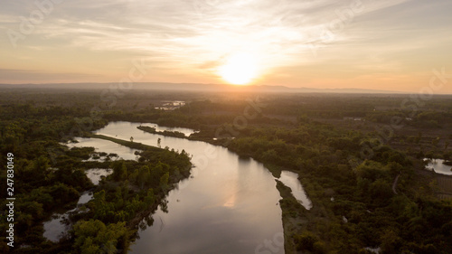 Beautiful aerial view sunset and the curve river
