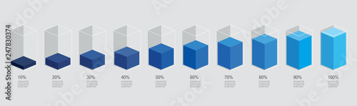 Blue gradient liquid / fuel histogram glass charts 10% to 100%. Flat design infocharts / infographics template with text, vector eps 10 app ui ux web banner isolated on white background