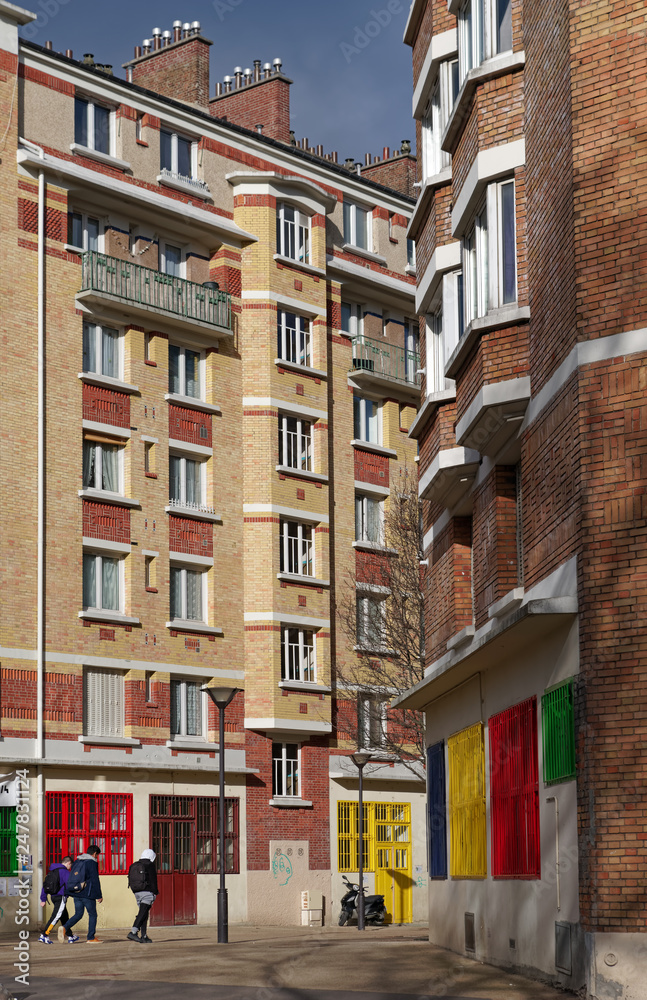 Red brick social housing block  in Paris