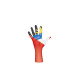 Antigua and Barbuda flag and hand on white background. Vector illustration