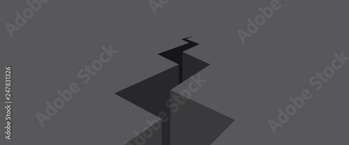 Black lightning shaped deep crack on the ground clipart banner template, relationship broken as sign, symbol, app ui ux, web, Morden flat design style vector eps 10 isolated on asphalt background