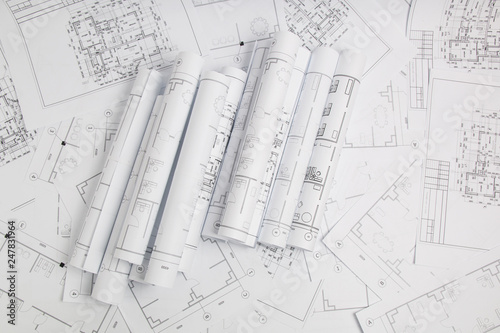 Paper architectural drawings and blueprint. Engineering blueprint