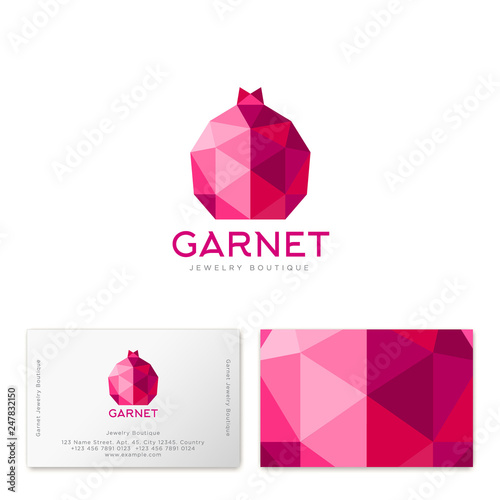 Pomegranate logo. Pomegranate fruit are similar to crystal. Identity, corporate style. Business card. Crystal pattern.