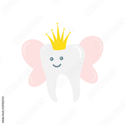 Tooth fairy with golden glitter crown and wings
