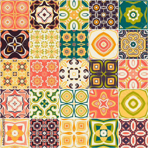 color ornate portuguese decorative tiles azulejos. Seamless pattern. Vector
