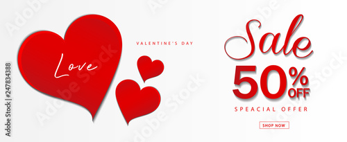 Valentine's day sale banner vector template, Valentines Heart sale tags, web banner design, Discount card, promotion, flyer layout, ad, advertisement, printing media