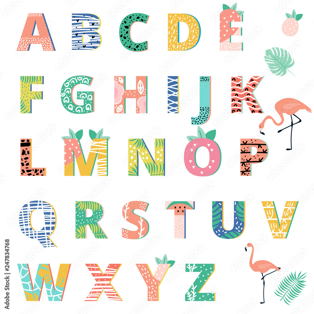 Memphis summer alphabet, font in collage style with elements of