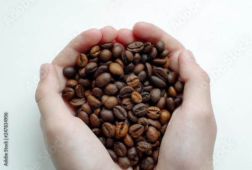 Coffee beans on a palm. Many coffee beans on hand. Female hand with coffee beans. Roasted coffee. Coffees. Barista. Scattered coffee beans. Selected coffee beans