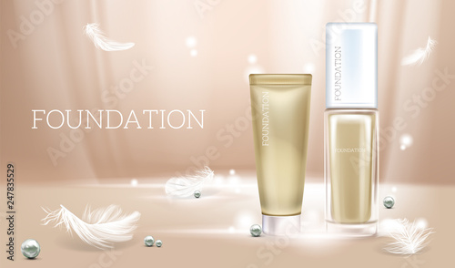 Vector 3d realistic illustration with concealer. Beige cosmetic makeup product in glass package and tube. Premium foundation, pearls and feathers - lightness, ideality. Mock up, template of cosmetics.