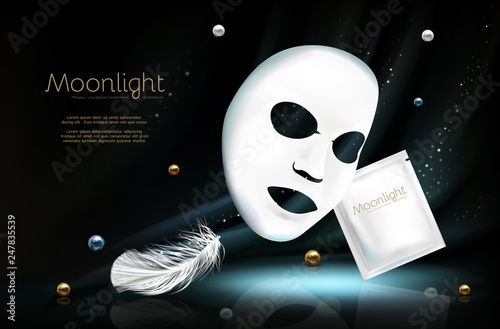 Vector 3d realistic banner with white sheet facial cosmetic mask, sachet. Skincare poster, mock up with moisturizing cream, moonlight cosmetics for a face. Pearls and feathers on dark background.