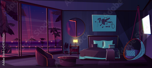 Vector cartoon interior of hotel bedroom at night. Living apartment of tropical resort with window, water pool. Furniture - double bed, carpet and fireplace. Summer rest. Sunset background.