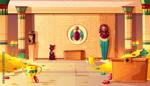 Vector Egyptian pyramid cartoon background. Tomb interior - bust of queen, pharaoh sarcophagus, ancient pillar and treasures, jewelry. Bastet sculpture, hieroglyphs on wall and scarab. Gold and gems.
