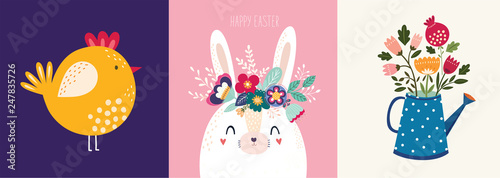Decorative illustration with bird, bunny, flowers in the watering can