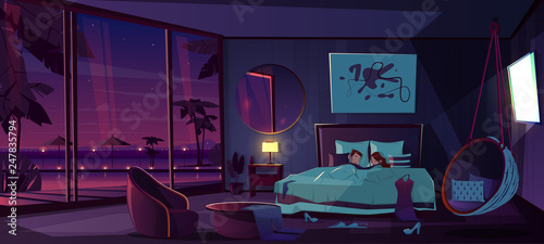 Couple lying and resting in bed, sleeping in comfortable apartments, spending night in resort hotel room with glass windows, swimming pool outside cartoon vector illustration. Summer vacation leisure