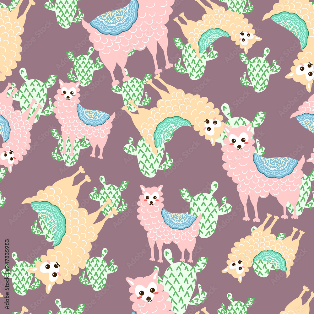 Beautiful illustration with llama and cactus for digital wallpaper, web design. Abstract background. Graphic modern pattern illustration. Holiday seamless natural pattern.-Vector