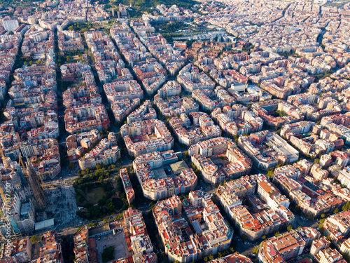 View from drone of Eixample district with Sagrada Familia
