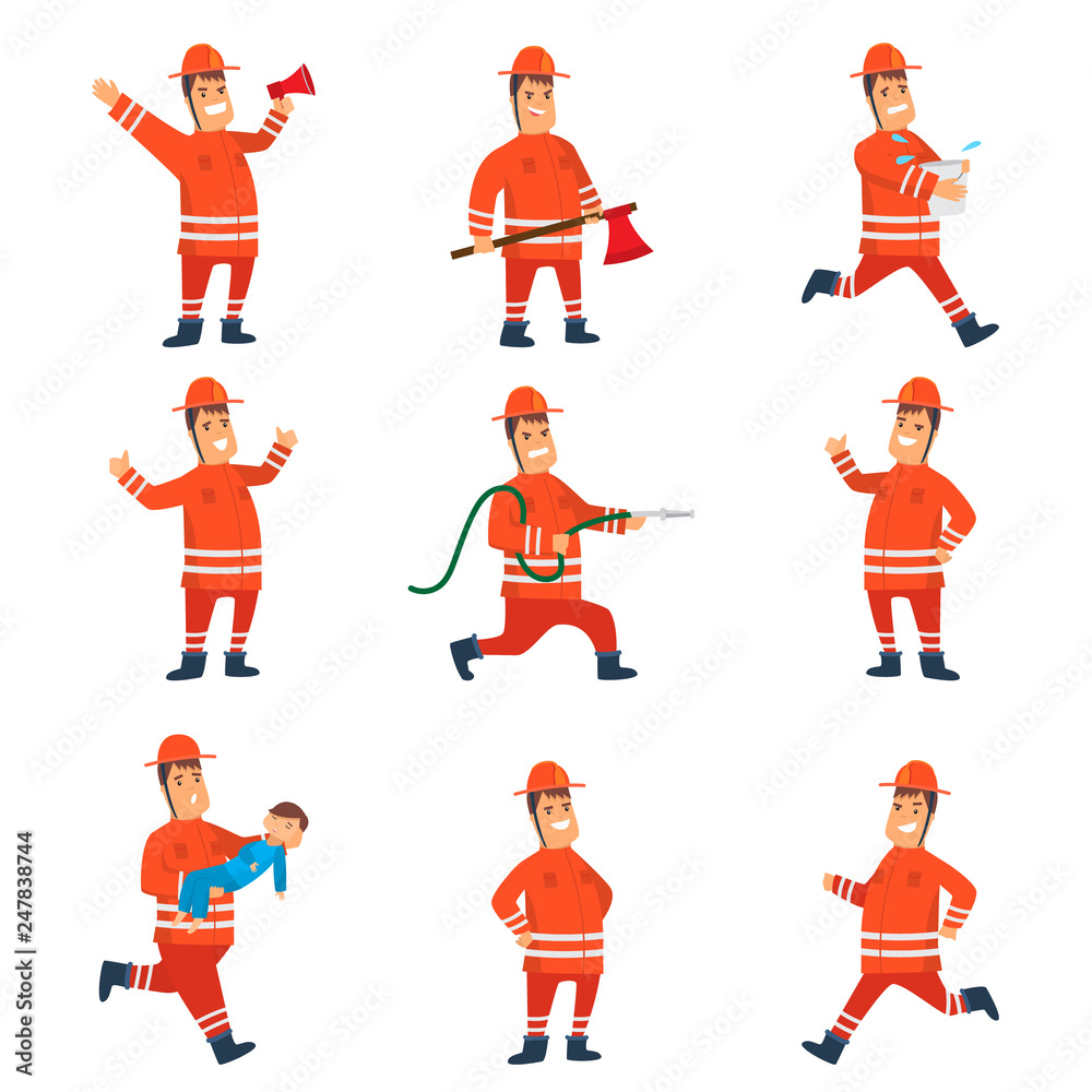 Smiling Firefighter in Orange Protective Uniform and Helmet Set, Cheerful Professional Male Freman Cartoon Character Doing His Job and Rescuing People Vector Illustration