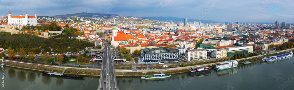 Panoramic view on Bratislava old town over the Danube river