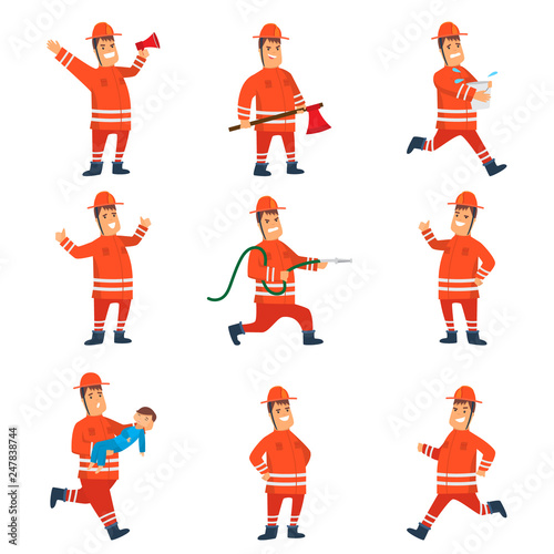Smiling Firefighter in Orange Protective Uniform and Helmet Set, Cheerful Professional Male Freman Cartoon Character Doing His Job and Rescuing People Vector Illustration